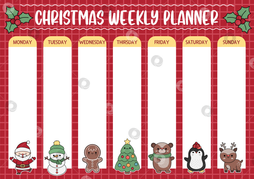 Скачать Векторный рождественский еженедельник с традиционными праздничными символами. Симпатичный зимний календарь или расписание для детей. Новогодний плакат с милым кавайным Санта-Клаусом, снеговиком, елкой, медведем, оленем, пингвином фотосток Ozero