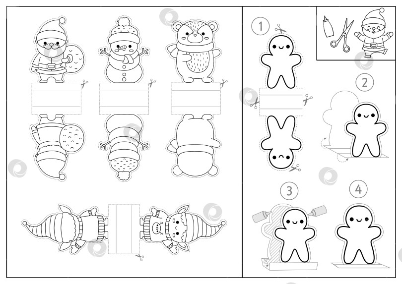 Скачать Векторный набор черно-белых рождественских бумажных кукол. Милые линейные пальчиковые куклы или фишки с Санта-Клаусом, снеговиком, эльфом, медведем для детей. Зимние каникулы вырежьте поделочные открытки. Новогодняя раскраска фотосток Ozero