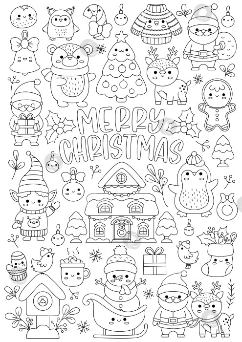 Скачать Векторная рождественская раскраска с вертикальной линией для детей с милыми кавайными персонажами. Черно-белая иллюстрация зимнего праздника с Санта-Клаусом, оленем, эльфом, медведем, деревом. Забавный новогодний поисковый плакат фотосток Ozero