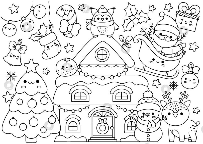 Скачать Векторная рождественская раскраска с горизонтальной линией для детей с милыми кавайными персонажами. Черно-белая иллюстрация зимнего праздника с домом, снеговиком, Санта-Клаусом. Забавный поисковый плакат фотосток Ozero