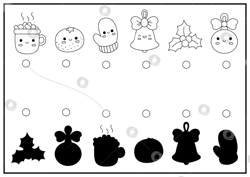 Скачать Рождественское занятие по подбору черно-белых теней. Пазл для зимних праздников с милым кавайным какао, апельсином, варежкой. Найдите правильный лист для печати силуэта. Новогодняя раскраска для детей фотосток Ozero