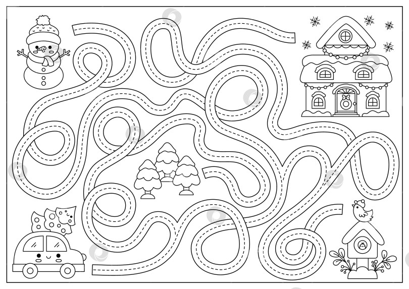 Скачать Рождественский черно-белый лабиринт для детей. Праздничное занятие для дошкольного учреждения Winter line для печати с милой кавайной машинкой, елкой, украшенным домом. Новогодняя игра-лабиринт, головоломка или раскраска фотосток Ozero