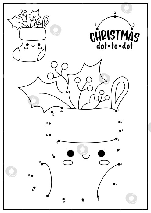 Скачать Векторная рождественская игра "точка в точку" и "раскраска" с милым кавайным чулком. Зимние каникулы - игра "соедини точки" для детей с забавным носком. Новогодняя раскраска для детей. Рабочий лист для печати фотосток Ozero