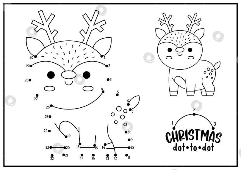 Скачать Векторная рождественская игра "точка в точку" и "раскраска" с милым кавайным оленем. Зимние каникулы - игра "соедини точки" для детей с забавным животным. Новогодняя раскраска для детей. Рабочий лист для печати фотосток Ozero