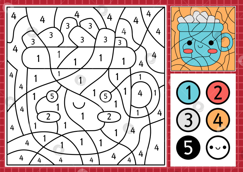 Скачать Векторная рождественская раскраска по номерам с милой кавайной кружкой какао с зефиром. Сцена зимнего праздника. Черно-белая игра в подсчет очков с горячим напитком. Новогодняя раскраска для детей фотосток Ozero