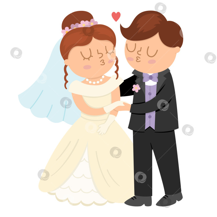 Скачать Векторная иллюстрация с целующимися женихом и невестой. Симпатичная молодоженская пара. Значок свадебной церемонии. Мультяшная сцена бракосочетания с молодоженами и их первым поцелуем фотосток Ozero
