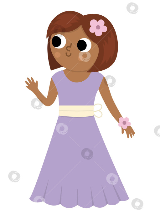 Скачать Векторная иллюстрация подружки невесты. Симпатичная девушка с темной кожей и волосами в фиолетовом платье с цветком. Значок свадебной церемонии. Мультяшный гость на свадьбе. Фотография элегантной женщины. Симпатичная леди в элегантном наряде фотосток Ozero