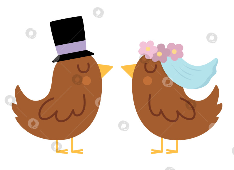 Скачать Векторные жених и невеста коричневые птицы в вуали с цветами и черной шляпе. Милые свадебные животные. Забавный элемент свадебного клипарта. Только что поженившаяся целующаяся пара. Мультяшная иллюстрация церемонии фотосток Ozero