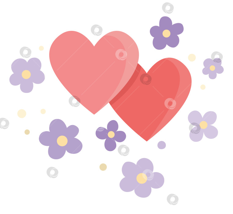 Скачать Векторная абстрактная иллюстрация с красными сердцами и фиолетовыми цветами. Симпатичный элемент клипарта с символом свадьбы, замужества или любви для жениха и невесты. Мультяшный фон Святого Валентина фотосток Ozero