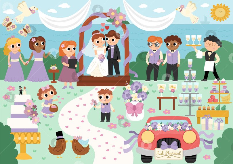 Скачать Векторная свадебная сцена. Симпатичная иллюстрация церемонии бракосочетания с молодоженами в арке, регистратором, подружками невесты и женихом, шоколадным батончиком, тортом. Мультяшный супружеский морской пейзаж фотосток Ozero
