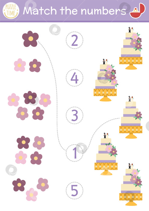 Скачать Сочетайте игру "Ферма чисел" с украшением торта и цветов. Математическое занятие по церемонии бракосочетания для детей дошкольного возраста. Учебный лист для счета с традиционными символами фотосток Ozero