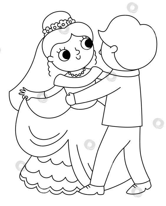 Скачать Векторная черно-белая иллюстрация с женихом и невестой. Симпатичная молодоженская пара. Значок линии свадебной церемонии. Мультяшная свадебная раскраска с молодоженами, танцующими свой первый танец фотосток Ozero