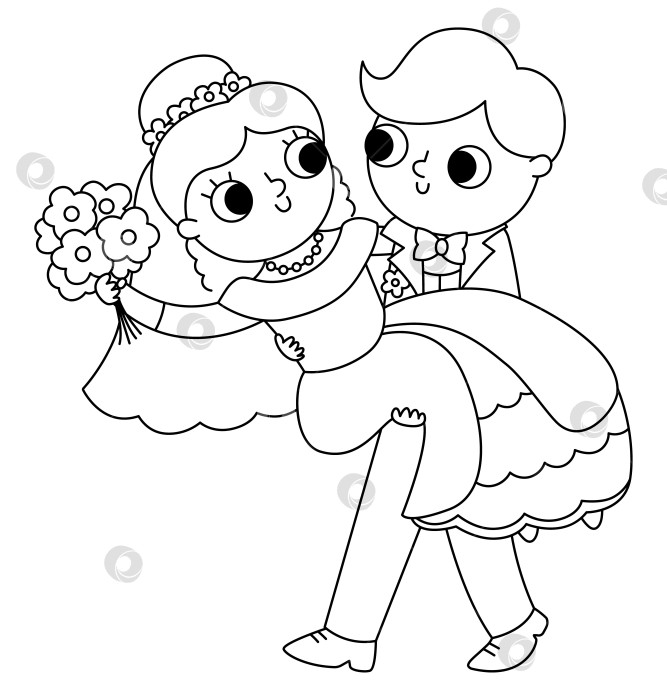 Скачать Векторная черно-белая иллюстрация с женихом, несущим невесту на руках. Симпатичная молодоженская пара. Значок линии свадебной церемонии. Мультяшная брачная раскраска с изображением молодоженов фотосток Ozero
