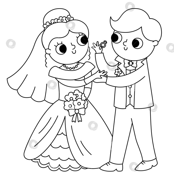 Скачать Векторная черно-белая иллюстрация с женихом и невестой, обменивающимися кольцами. Симпатичная молодоженская пара. Значок линии свадебной церемонии. Мультяшная брачная раскраска с изображением молодоженов фотосток Ozero