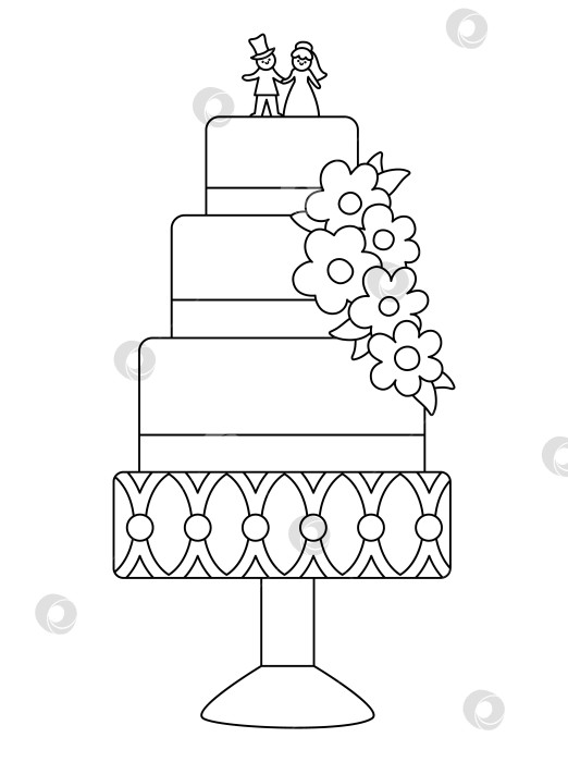 Скачать Векторный черно-белый свадебный торт с цветами, лентой, маленькими статуэтками жениха и невесты. Симпатичный элемент клипарта "Линия брака". Десерт для молодоженов. Раскраска мультяшной церемонии фотосток Ozero