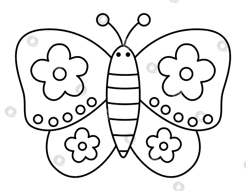 Скачать Векторная черно-белая симпатичная украшенная бабочка с цветами. Симпатичная линия свадебного насекомого. Забавный элемент клипарта с животными или страница-раскраска фотосток Ozero