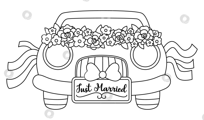 Скачать Векторный черно-белый свадебный автомобиль, украшенный цветами и лентами. Автомобиль линии "Медовый месяц" с номерным знаком "Молодожены". Симпатичный свадебный клипарт. Раскраска для перевозки жениха и невесты фотосток Ozero