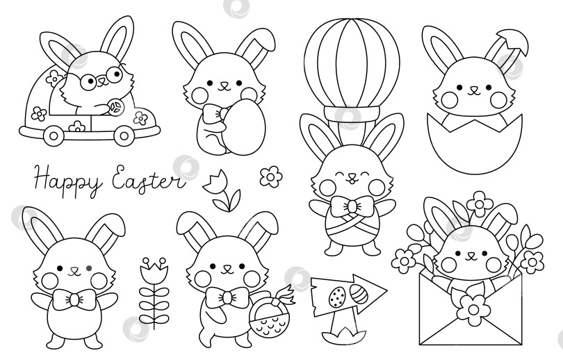 Скачать Векторный черно-белый набор пасхальных кроликов для детей. Коллекция милых кроликов линии kawaii. Забавные мультяшные персонажи. Иллюстрация традиционного символа весеннего праздника или раскраска с зайцем фотосток Ozero