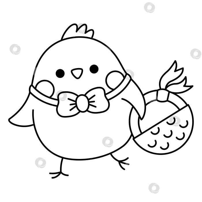 Скачать Векторная черно-белая иконка пасхального цыпленка для детей. Симпатичная иллюстрация цыпленка в стиле каваи или страница-раскраска. Забавный мультяшный персонаж-птица. Традиционный символ весеннего праздника с корзиной, отправляющейся на охоту за яйцами фотосток Ozero