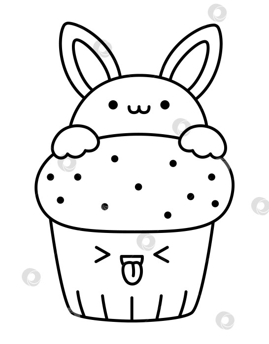 Скачать Векторный черно-белый пасхальный кекс для детей. Симпатичный торт в форме кавайной чашки с кроликом-зайчиком сверху. Забавный мультяшный персонаж. Иллюстрация или раскраска традиционного весеннего праздничного десерта фотосток Ozero