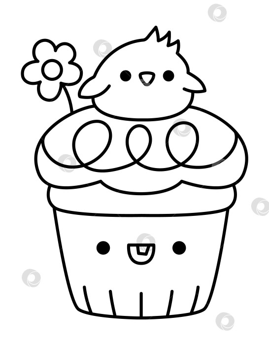 Скачать Векторный черно-белый пасхальный кекс для детей. Милый кавайный торт в форме чашки с глазурью, цветком и цыпленком сверху. Забавный мультяшный персонаж. Иллюстрация или раскраска традиционного весеннего праздничного десерта фотосток Ozero
