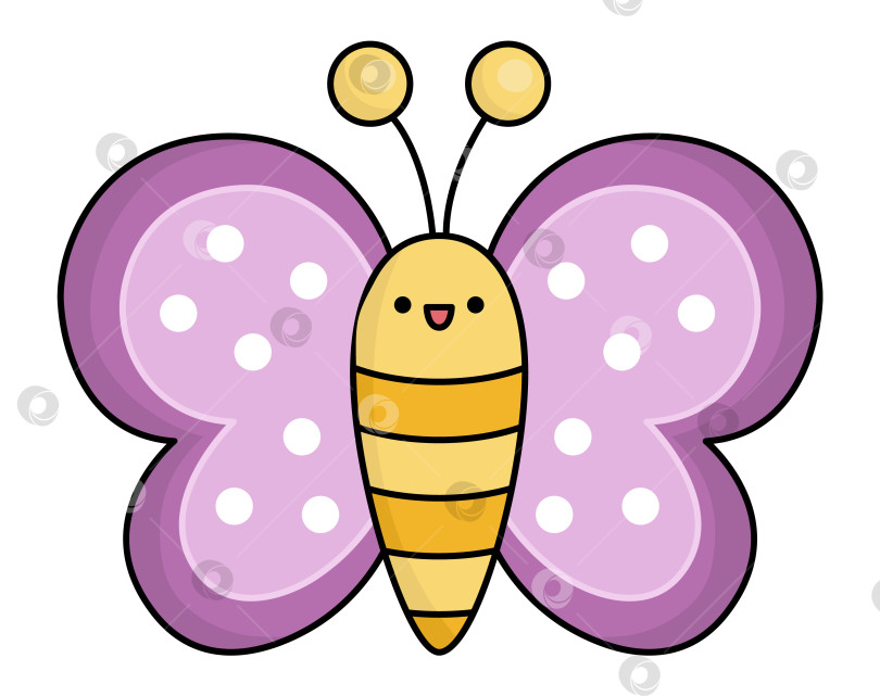 Скачать Векторная кавайная иконка летающей бабочки для детей. Симпатичная иллюстрация животного. Забавный мультяшный персонаж. Очаровательный клипарт с фиолетовым насекомым фотосток Ozero