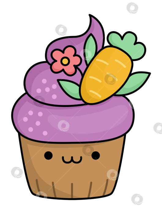 Скачать Векторный пасхальный кекс для детей. Милый кавайный торт в форме чашки с фиолетовым кремом, цветком и морковью. Забавный мультяшный персонаж. Иллюстрация традиционного весеннего праздничного десерта фотосток Ozero