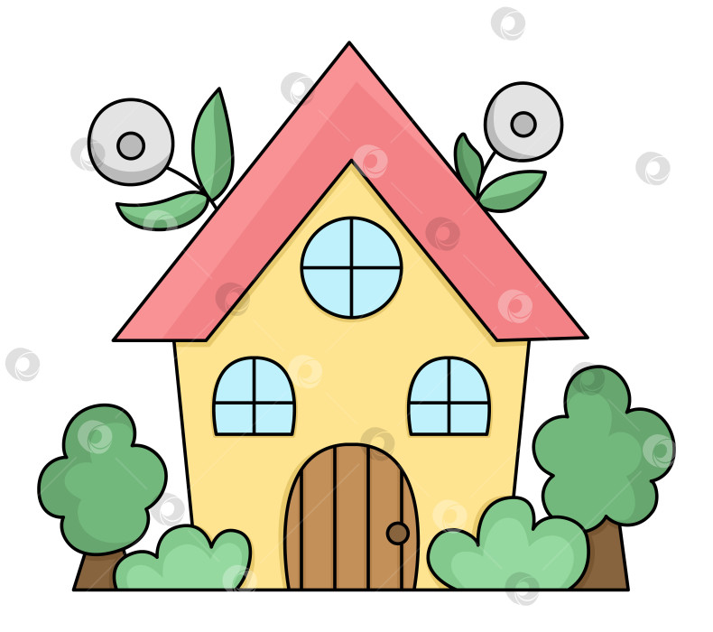 Скачать Векторная иконка загородного дома в стиле каваи для детей. Симпатичная иллюстрация пасхального символа. Забавный мультяшный домик с деревьями и цветами. Очаровательный клипарт весеннего сада фотосток Ozero