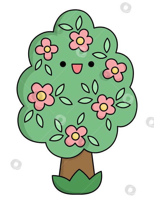 Скачать Векторная кавайная иконка цветущего дерева для детей. Симпатичная иллюстрация пасхального символа. Забавный мультяшный персонаж. Очаровательный клипарт с весенним растением фотосток Ozero