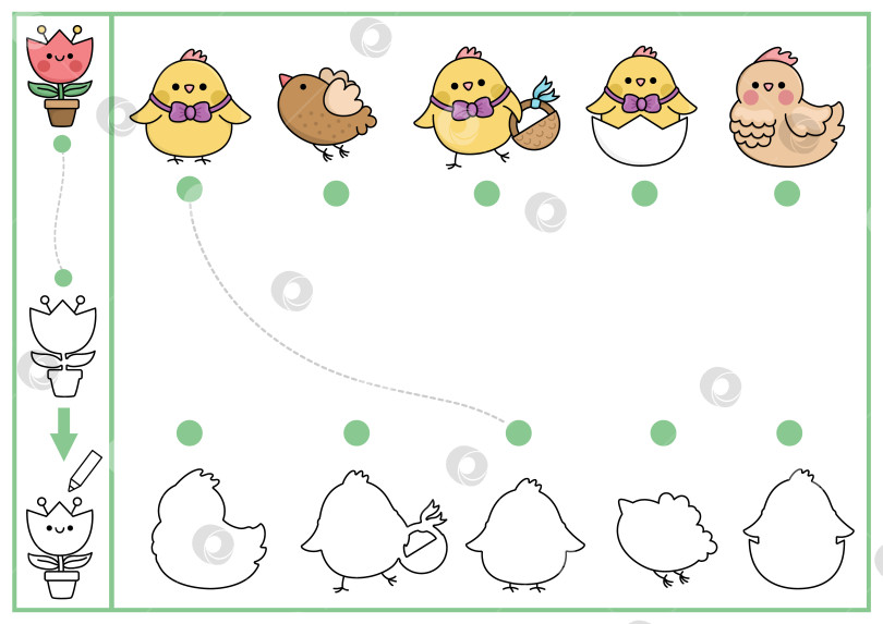 Скачать Подбор пасхальной формы, раскрашивание и рисование. Весенняя праздничная головоломка с милыми кавайными птичками. Найдите правильный лист для печати силуэта. Страничка в саду для детей с курицей и цыпленком фотосток Ozero