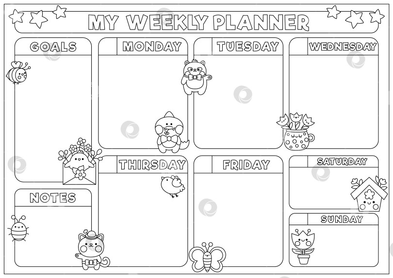 Скачать Векторный черно-белый весенний еженедельник с традиционными символами. Симпатичный садовый календарь или расписание для детей. Пасхальный праздничный плакат или раскраска с кавайным шмелем, пандой и медвежонком фотосток Ozero