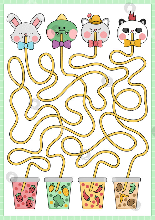 Скачать Кавайный лабиринт для детей. Занятие для дошкольников с милыми животными, пьющими пузырьковый чай с разными вкусами. Игра-лабиринт или головоломка с забавными персонажами, необычные напитки с морковью, клубникой фотосток Ozero