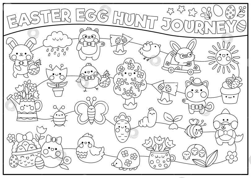 Скачать Векторная черно-белая игра-путешествие по охоте за пасхальными яйцами с праздничными символами. Весенний планировщик Line kawaii, лабиринт, календарь обратного отсчета адвента для детей. Раскраска "Праздничный сад" с кроликом, цыпленком фотосток Ozero