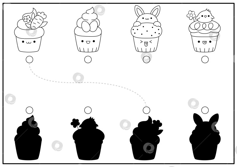 Скачать Пасхальное занятие по подбору черно-белых теней к кексам. Головоломка для распознавания формы весеннего праздника с милыми кавайными пирожными. Найдите правильный лист для печати силуэта. Раскраска для сада фотосток Ozero