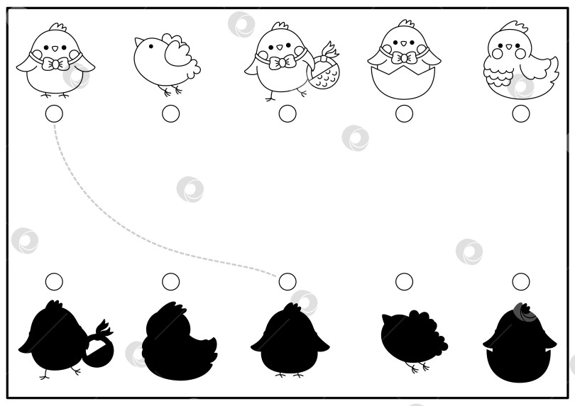 Скачать Пасхальное занятие по подбору черно-белых теней с птицами. Головоломка для распознавания формы весеннего праздника с милыми кавайными животными. Найдите правильный лист для печати силуэта. Раскраска для сада фотосток Ozero