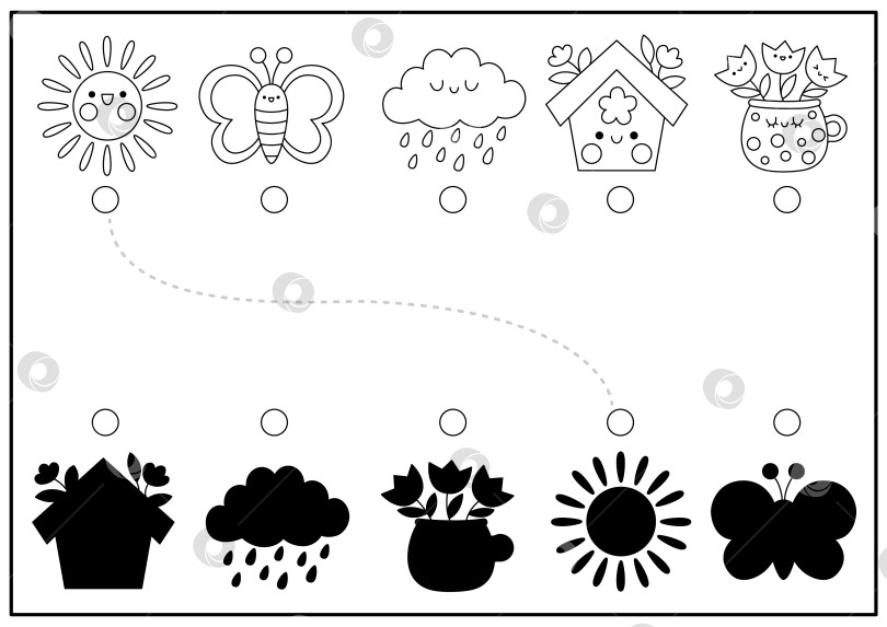 Скачать Весеннее занятие по подбору черно-белых теней с милыми символами праздника каваи. Пасхальная головоломка для распознавания фигур. Найдите правильный лист для печати силуэта. Раскраска для сада фотосток Ozero