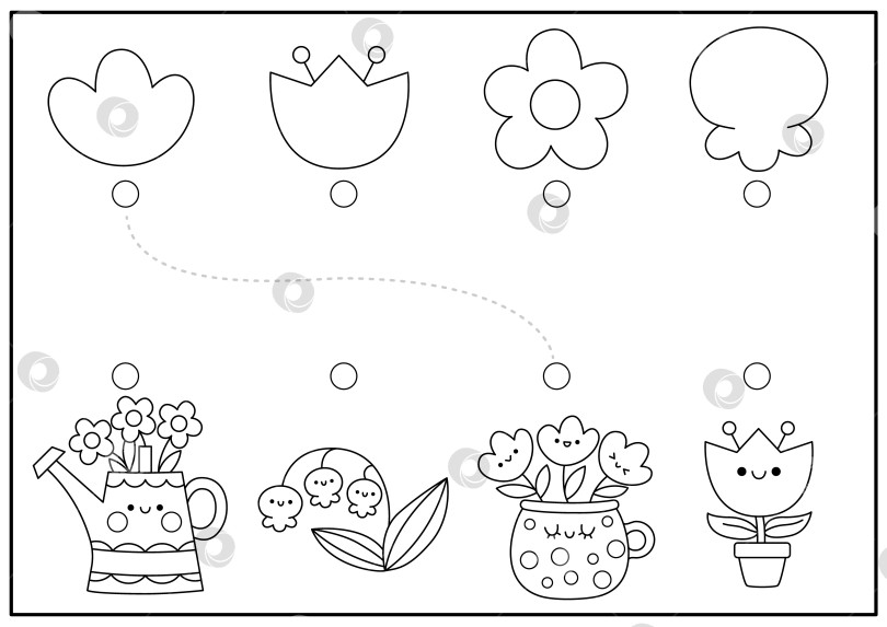 Скачать Пасхальное упражнение по распознаванию черно-белых фигур. Головоломка для весенних праздников с милыми цветами каваи. Найдите правильный лист для печати силуэта. Раскраска для сада для детей фотосток Ozero