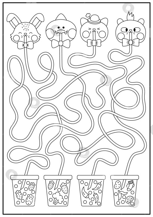 Скачать Кавайный черно-белый лабиринт для детей. Занятие для дошкольников с милыми животными, пьющими пузырьковый чай с разными вкусами. Игра-лабиринт или раскраска с необычными напитками с морковью, клубникой фотосток Ozero