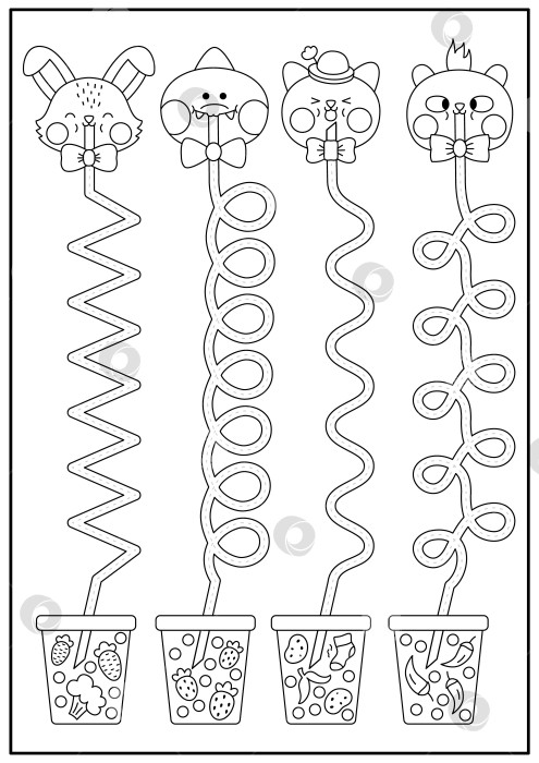 Скачать Векторный черно-белый лист для практики рукописного ввода с милыми кавайными животными, пьющими пузырьковый чай с разными вкусами. Занятие для детей, пригодное для печати. Обучающая игра-трассировка или раскраска фотосток Ozero