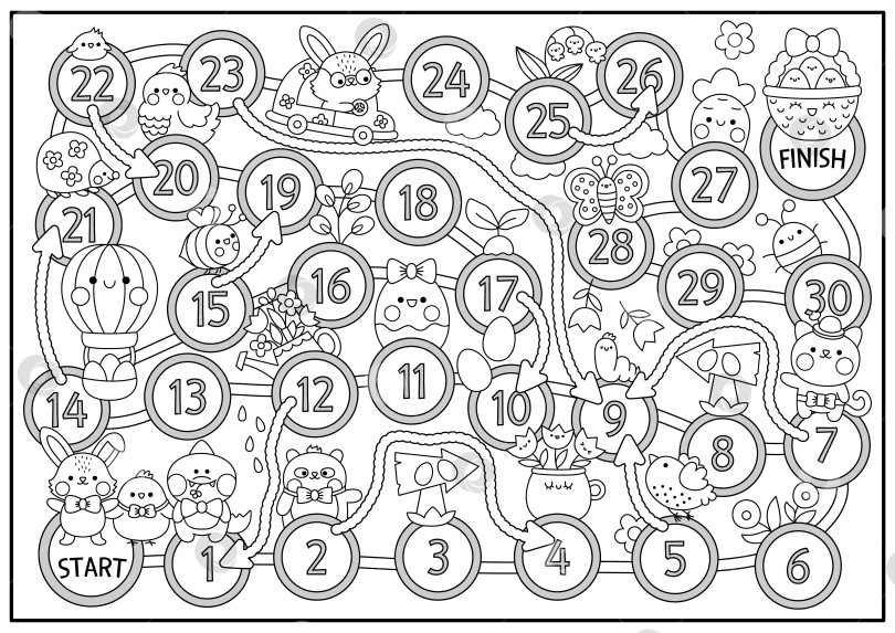 Скачать Пасхальная черно-белая настольная игра для детей с забавными животными, отправляющимися на охоту за яйцами. Весенняя праздничная настольная игра с кроликом, цыпленком. Симпатичный сад для печати, игра в кости или раскраска фотосток Ozero