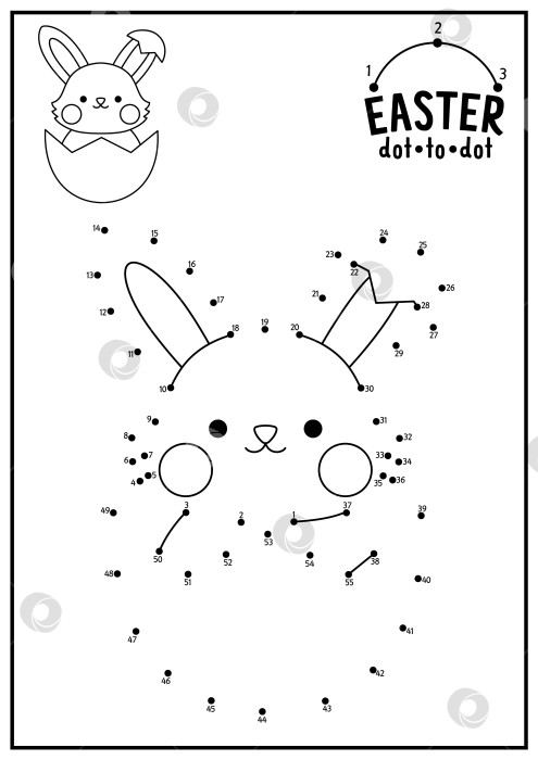 Скачать Векторная пасхальная игра от точки к точке и раскрашивание с милым кавайным кроликом в яйце. Весенний праздник - игра "соедини точки" для детей. Раскраска для сада для детей. Рабочий лист для печати фотосток Ozero