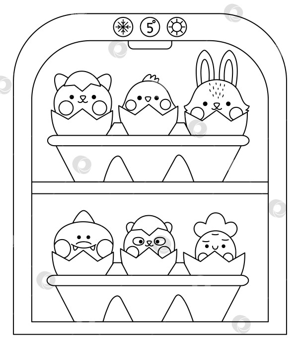 Скачать Векторный черно-белый кавайный холодильник с упаковкой яиц и вылупляющимися животными внутри. Пасхальная иллюстрация с милыми кошкой, цыпленком и кроликом, сидящими в яичной скорлупе. Милая весенняя раскраска для детей фотосток Ozero