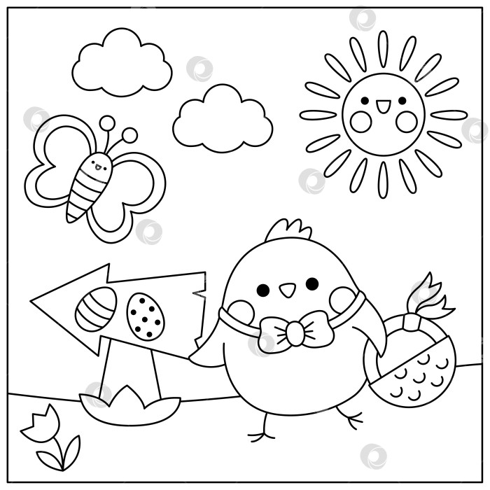 Скачать Векторная черно-белая кавайная пасхальная сцена с цыпленком и корзинкой. Весенняя иллюстрация мультяшной линии. Симпатичная раскраска "Праздничная охота за яйцами" для детей со стрелкой, бабочкой, цветами. Картинка солнечного дня фотосток Ozero
