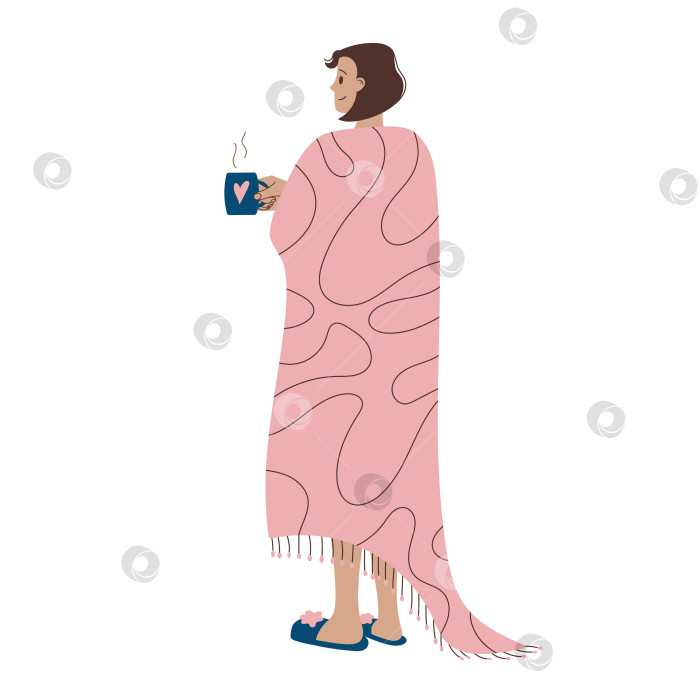 Скачать Женщина, завернутая в уютное одеяло, держит в руках чашку чая или кофе. Векторная иллюстрация персонажа в плоском стиле, изолированного на белом фоне фотосток Ozero