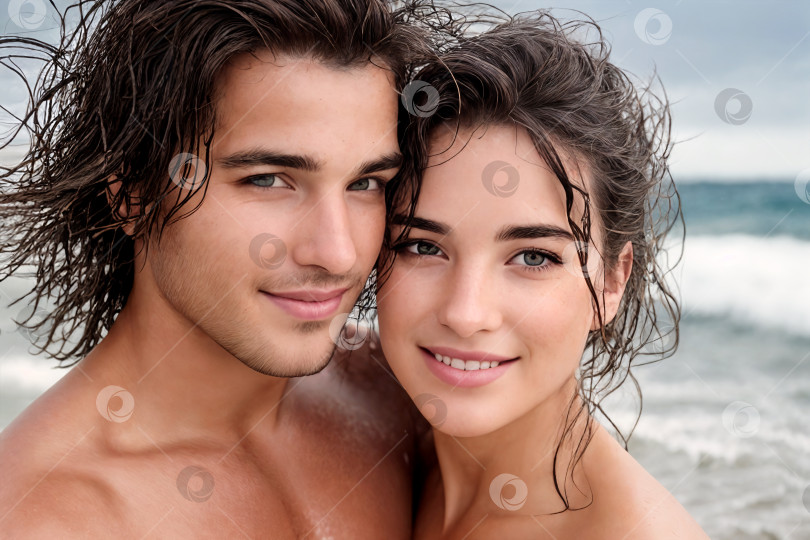 Скачать Два счастливых человека на морском пляже фотосток Ozero
