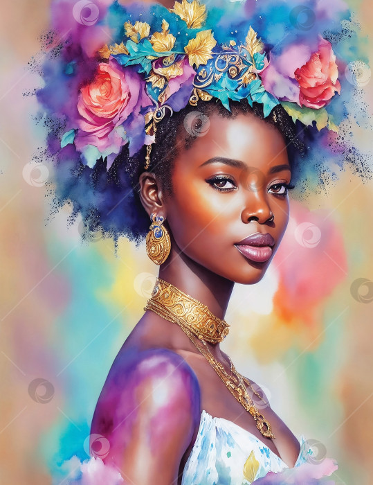 Скачать Акварельная иллюстрация чернокожей принцессы с цветами в волосах фотосток Ozero