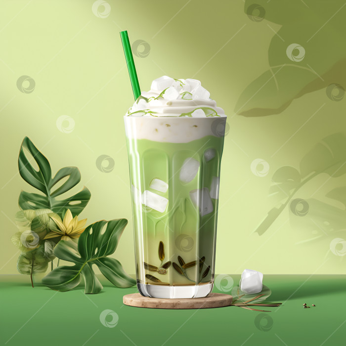 Скачать Охлажденный зеленый чай матча, смешанный с кубиками льда и молоком в высоком стакане, креативная иллюстрация. Закрыть. Холодный латте матча на грязно-зеленом фоне. Зеленый моктейл с кубиками льда и молоком. Порождающий искусственный интеллект фотосток Ozero