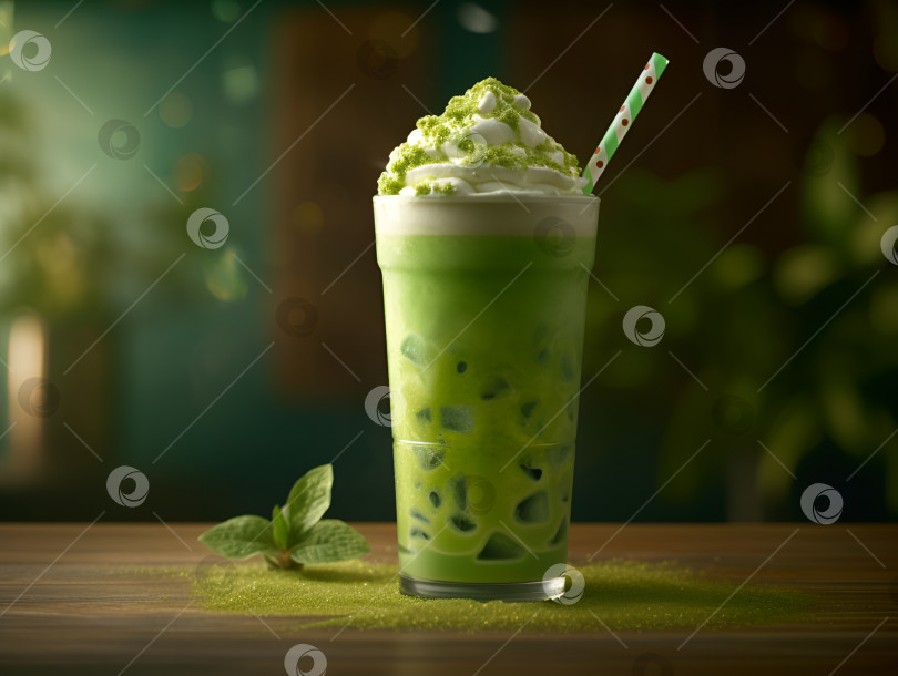 Скачать Охлажденный зеленый чай матча, смешанный с кубиками льда и молоком в высоком стакане, креативная иллюстрация. Закрыть. Холодный латте матча на темном размытом фоне. Зеленый моктейл с кубиками льда и молоком. Порождающий искусственный интеллект фотосток Ozero
