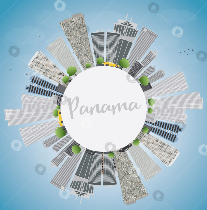 Скачать Панорама Панама-Сити с серыми небоскребами, голубым небом и копировальным пространством. фотосток Ozero