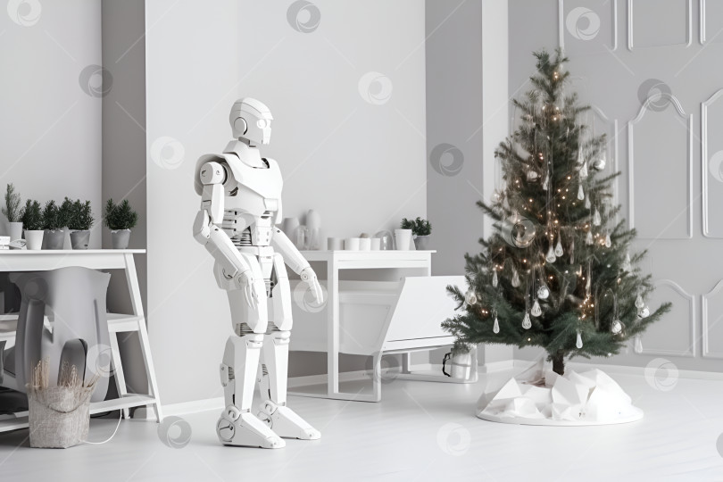 Скачать Современный рождественский интерьер и белый робот, украшенный рождественской елкой. Генеративный искусственный интеллект. фотосток Ozero